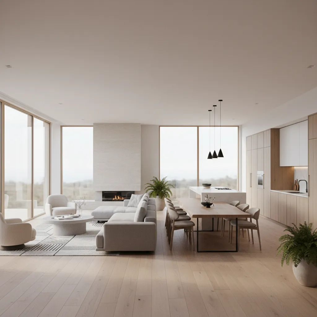 Visualización 3D de salón y cocina en un diseño de casa digital