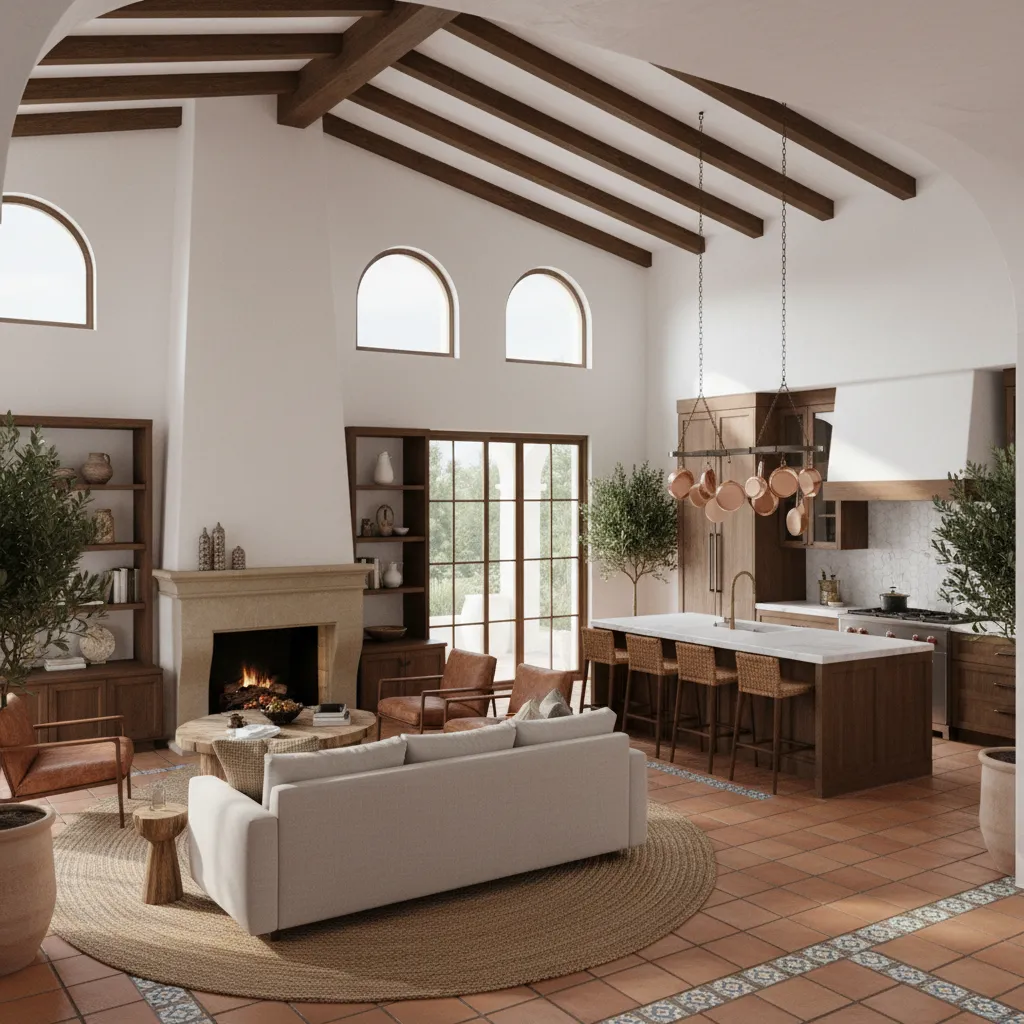 Visualización 3D de una vivienda con salón abierto y cocina moderna