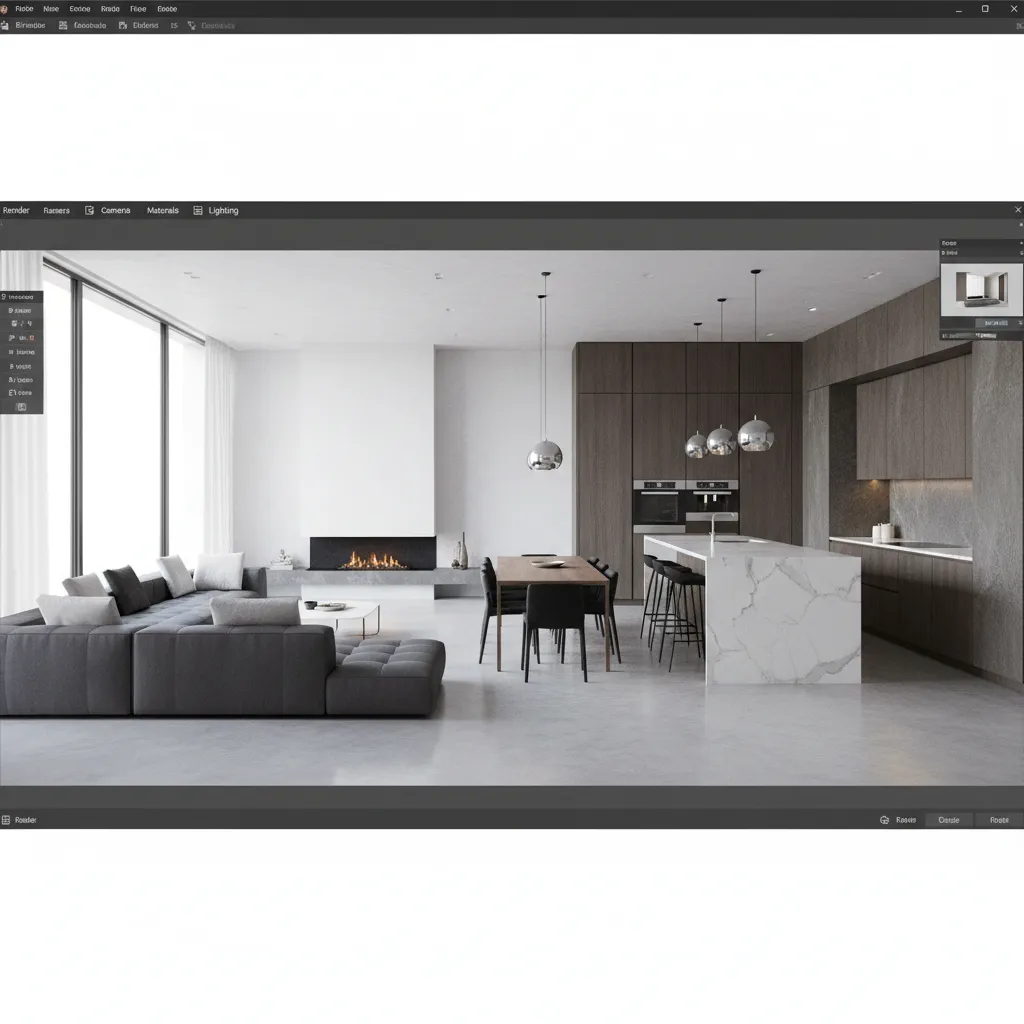 Visualización 3D de diseño interior de una casa moderna