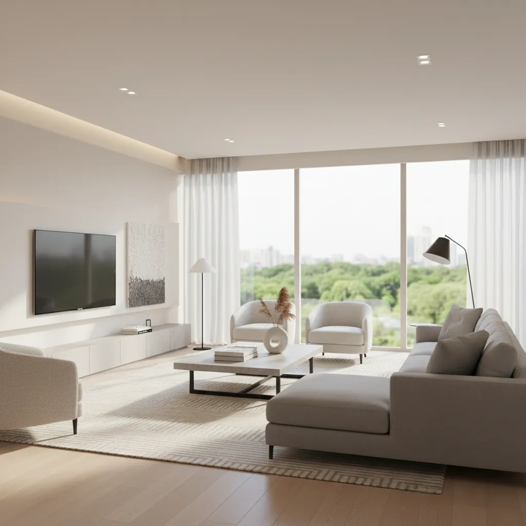 Visualización 3D de una sala moderna generada por software de diseño