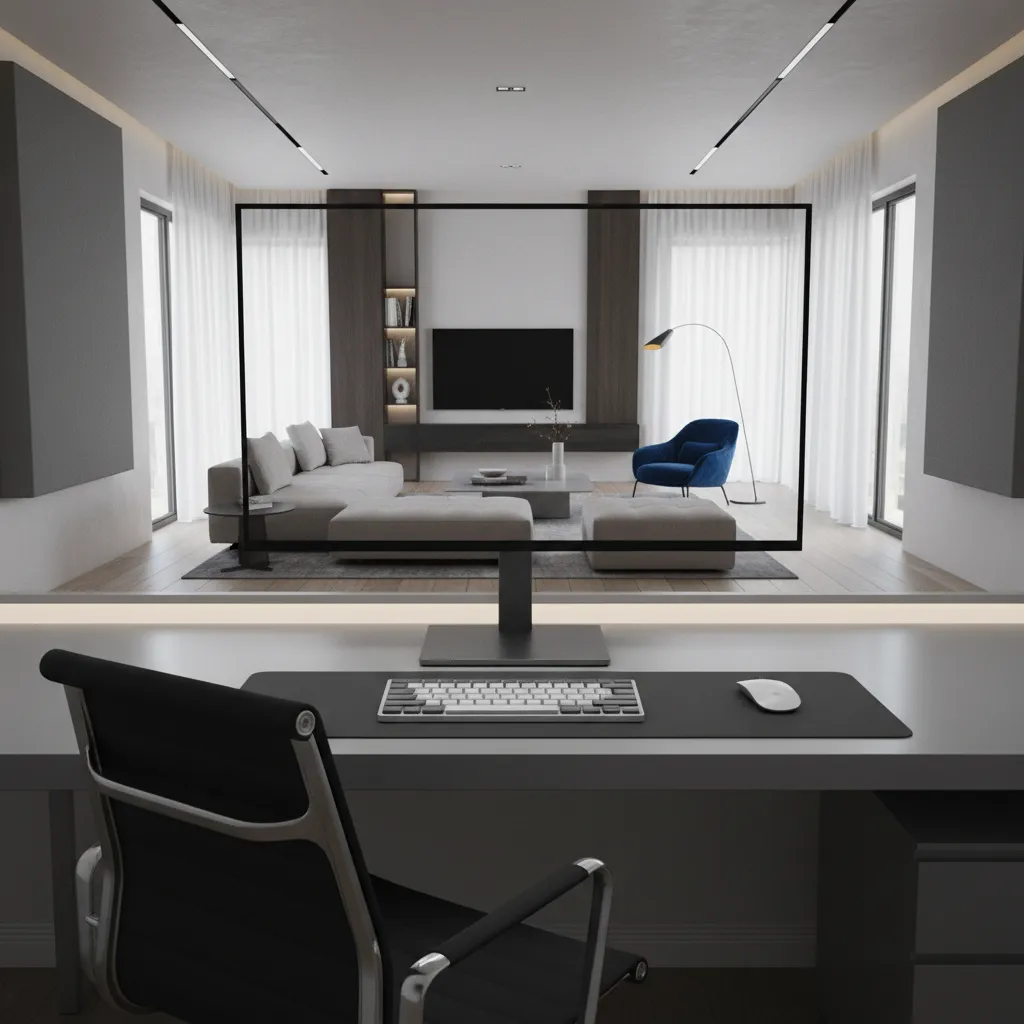 Computer screen displaying a high quality interior design drawing of a modern living room sofa