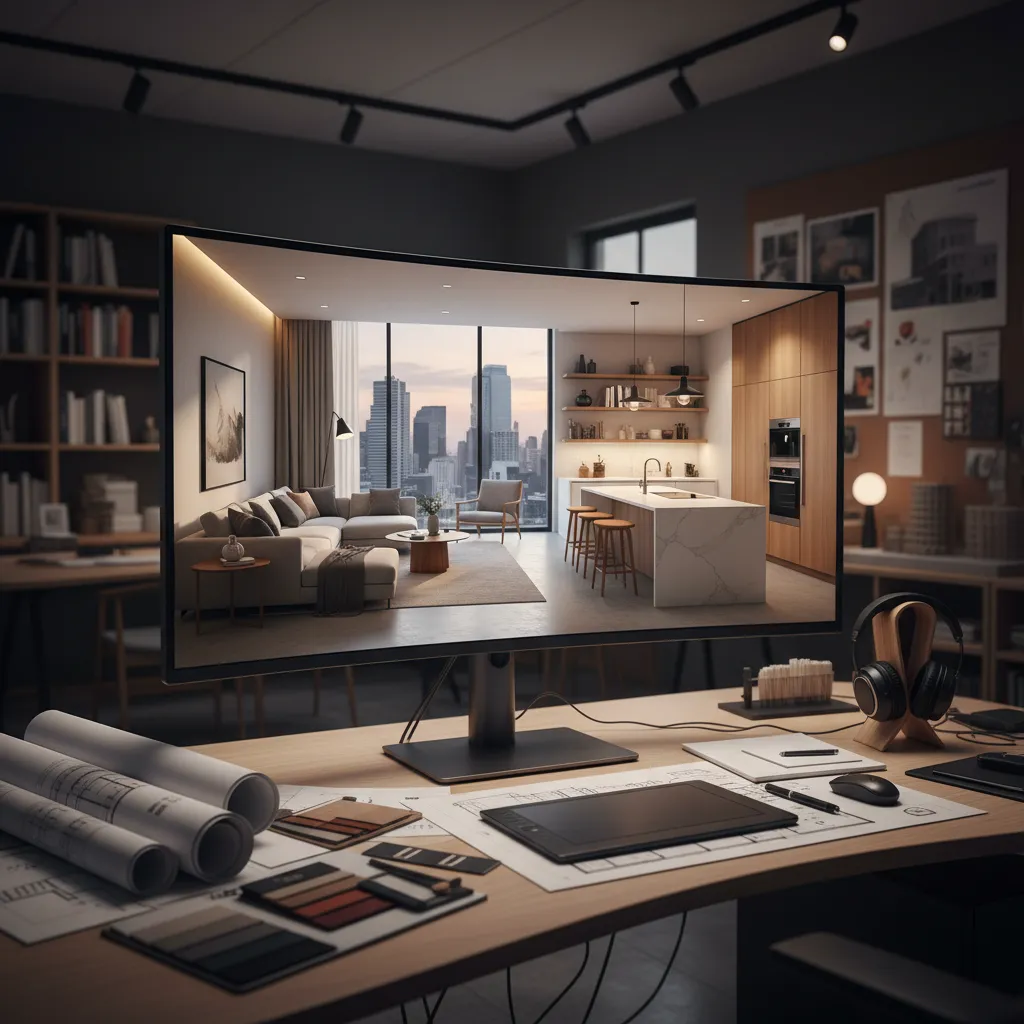 Visualización 3D de diseño de interiores en una pantalla mostrando distribución del hogar