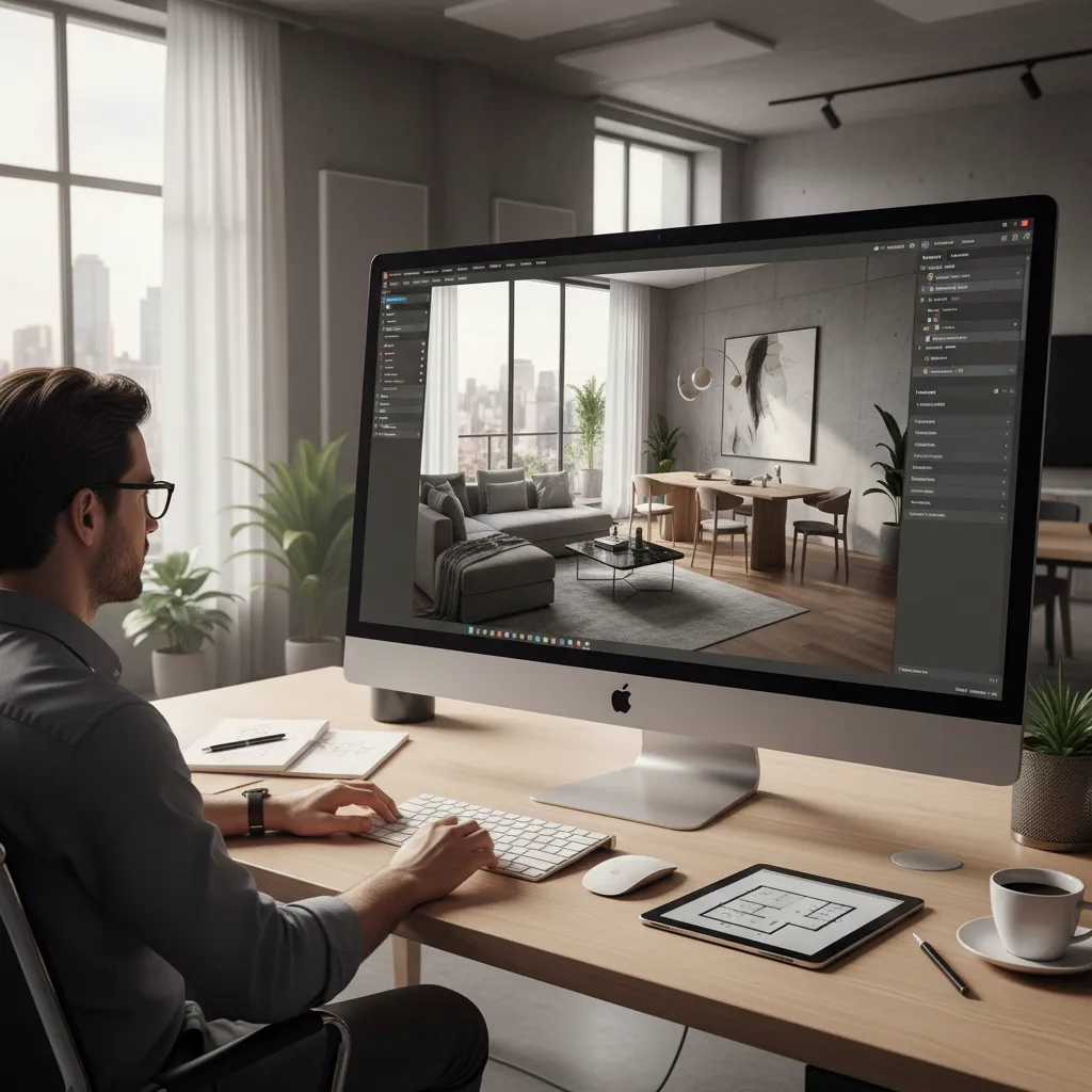 Designer using interior design software on computer to create a living room and dining room