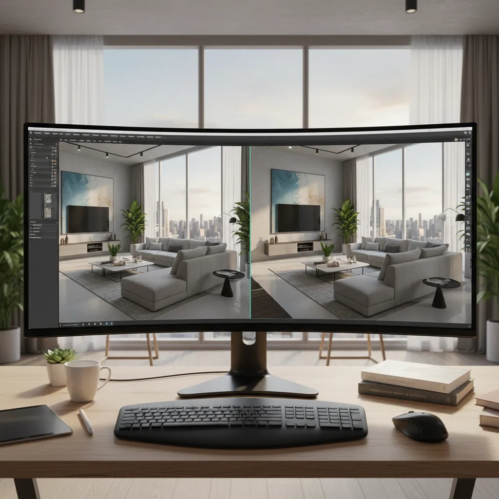 Pantalla mostrando renderizado 3D de un salón moderno durante el proceso de diseño