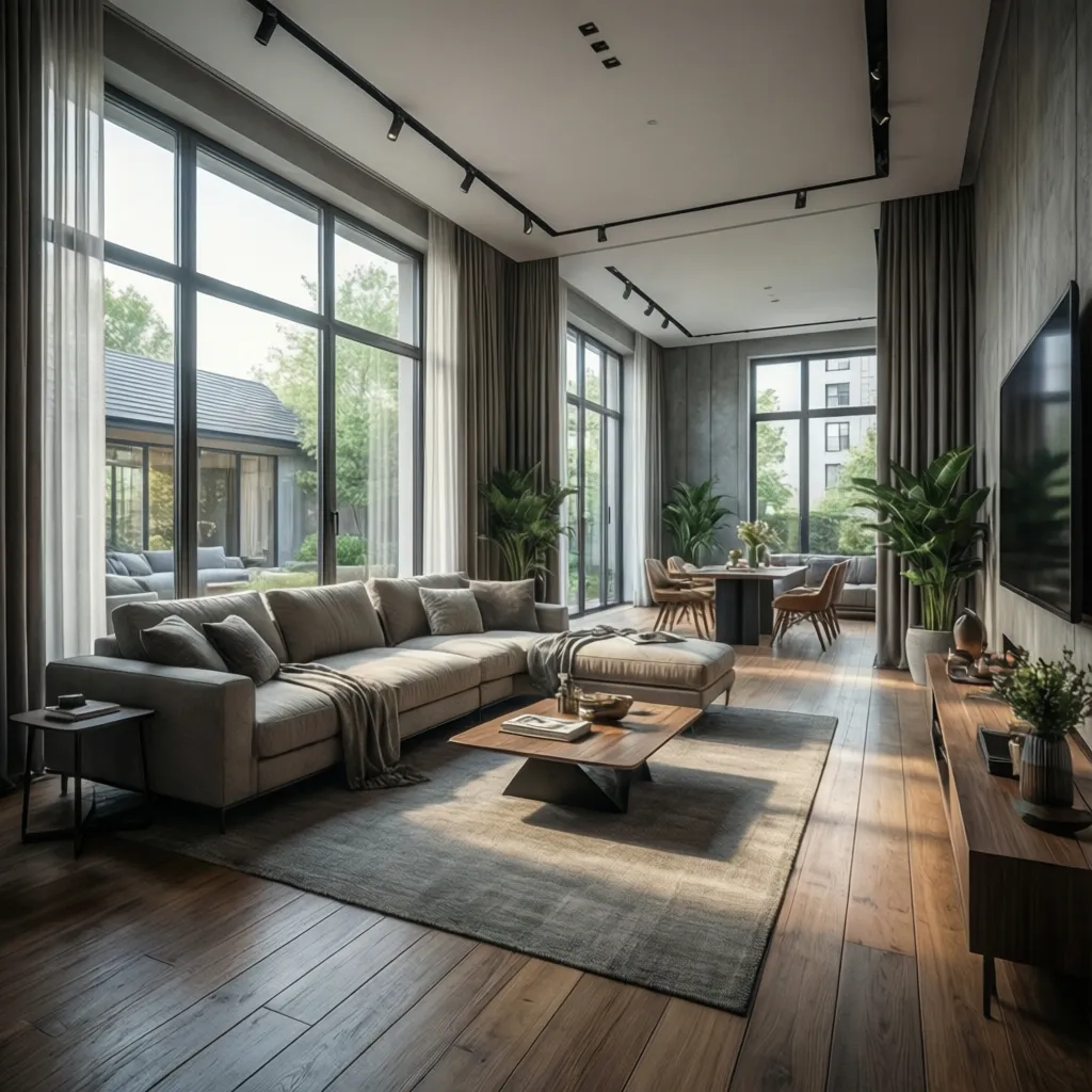Modern living room with large windows grey sofa wooden floor and a black light fixture