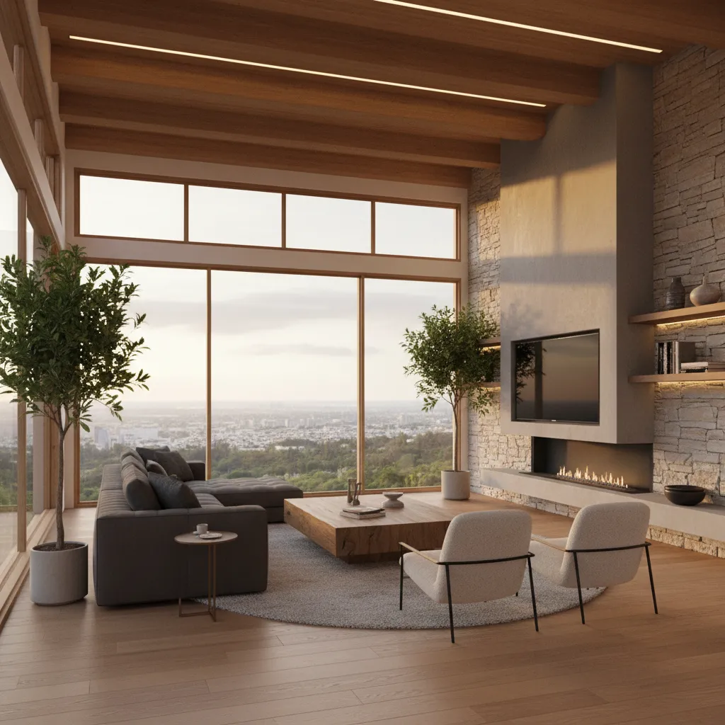 Render 3D realista de salón moderno generado para proyecto de interiorismo