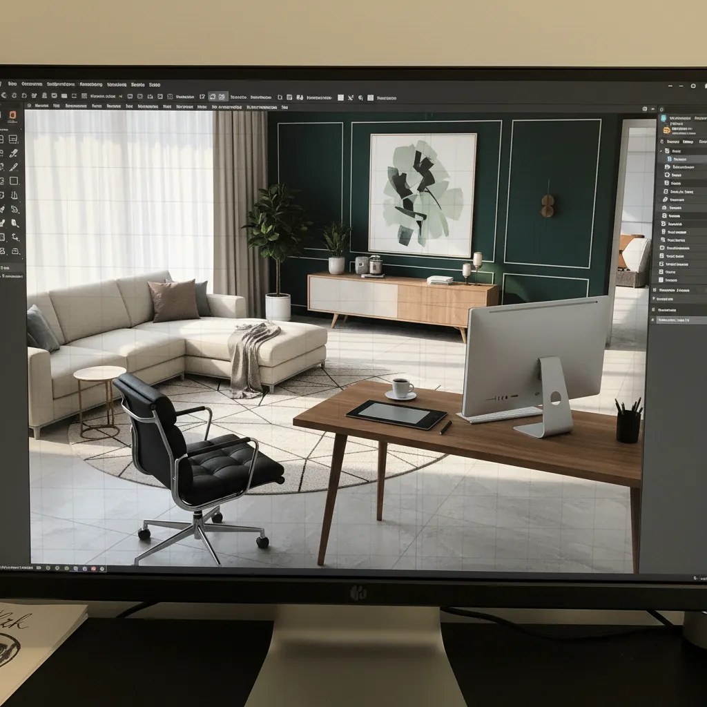 Visualización 3D de un salón moderno en pantalla de ordenador