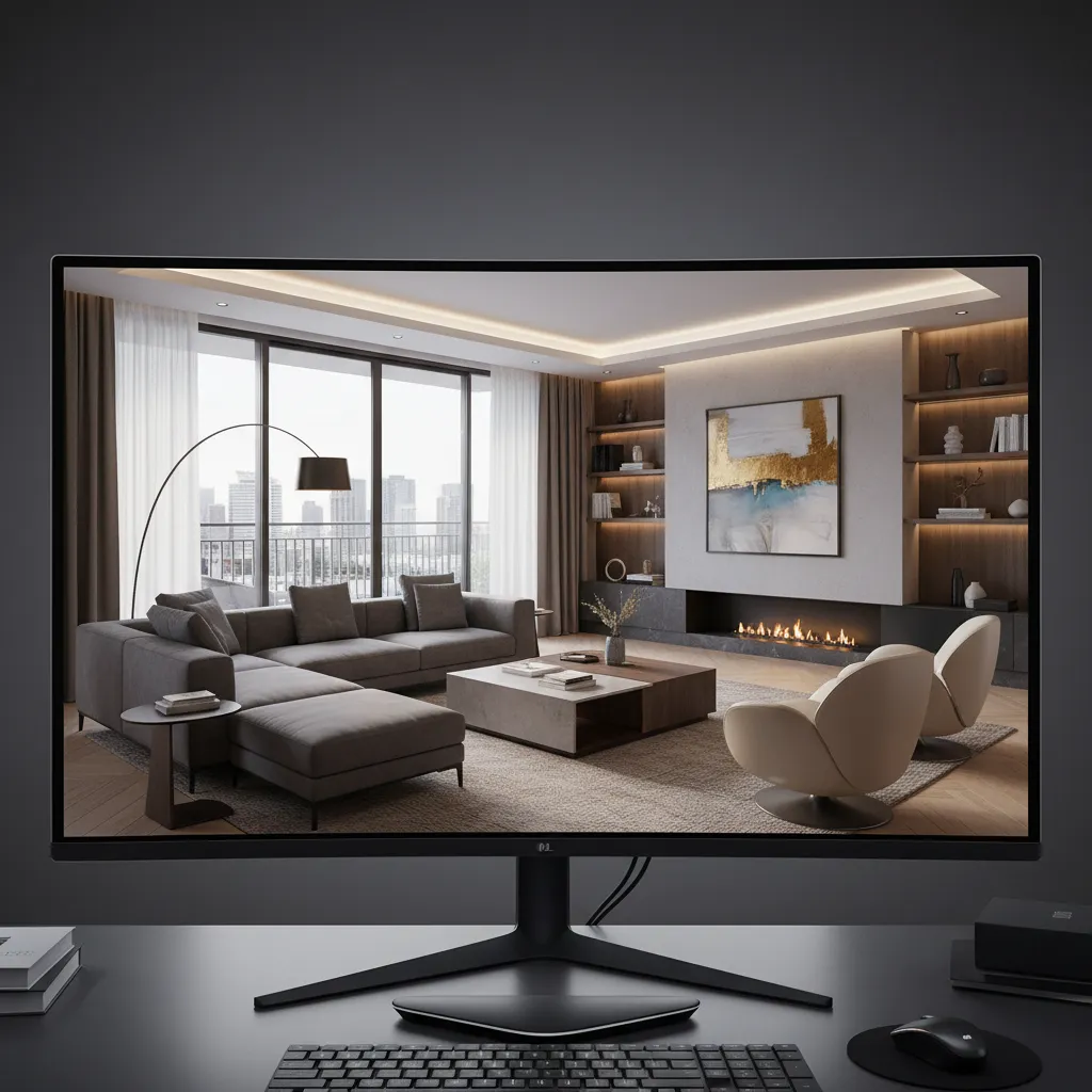 Render 3D de un salón moderno en proceso de diseño