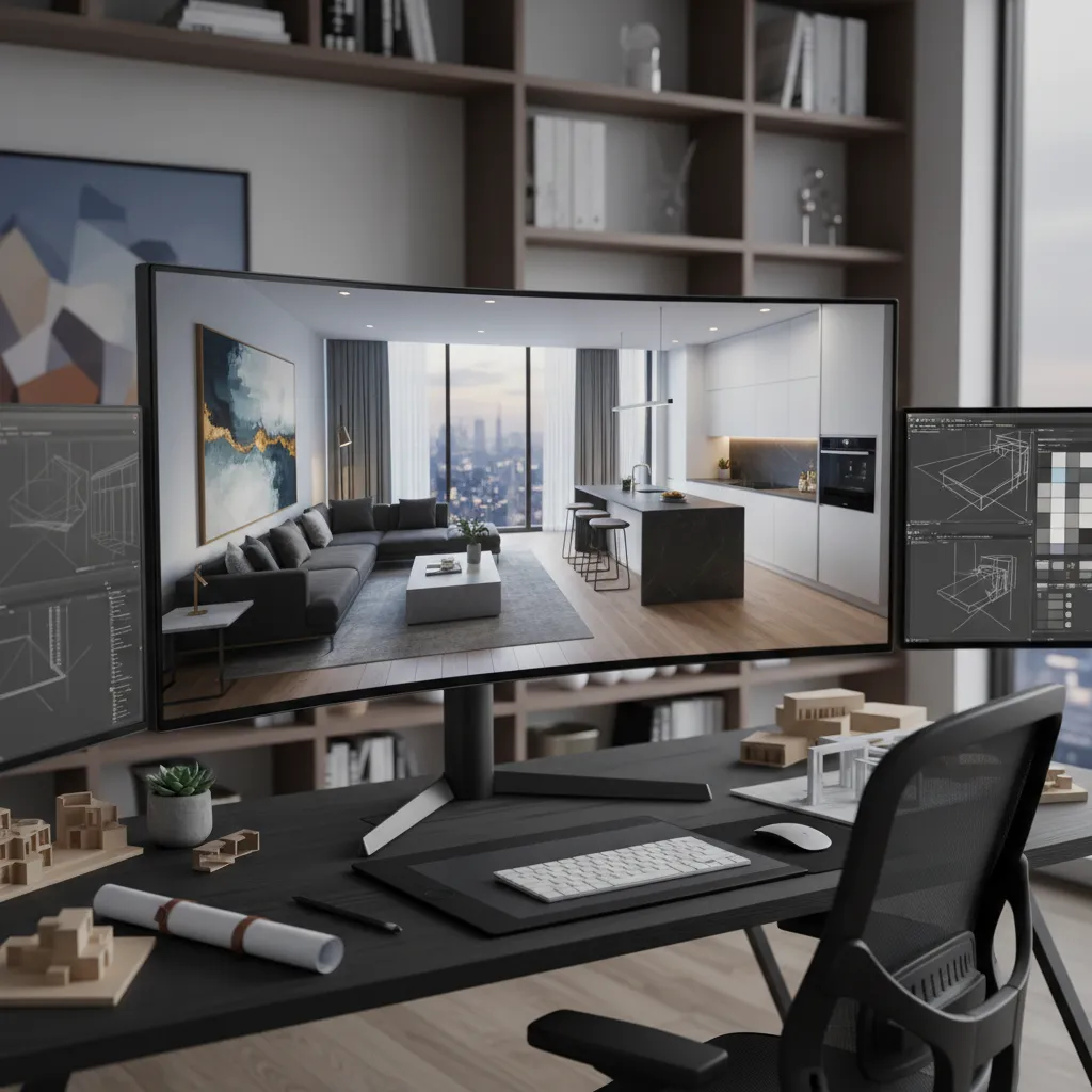 Modelo 3D de un apartamento mostrado en pantalla durante el proceso de diseño