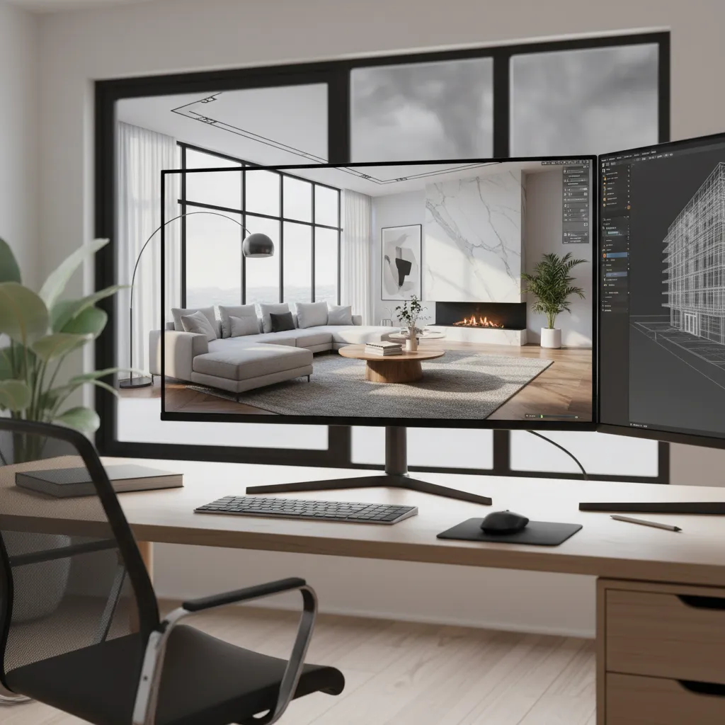 Pantalla mostrando render 3D de un diseño de salón