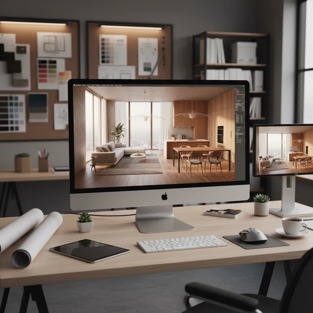 Visualización 3D de diseño interior en pantalla de ordenador