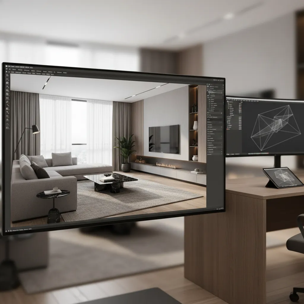 Visualización 3D de un salón moderno en una pantalla de ordenador