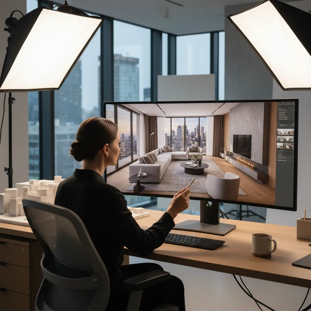 visualización 3D de diseño interior en ordenador