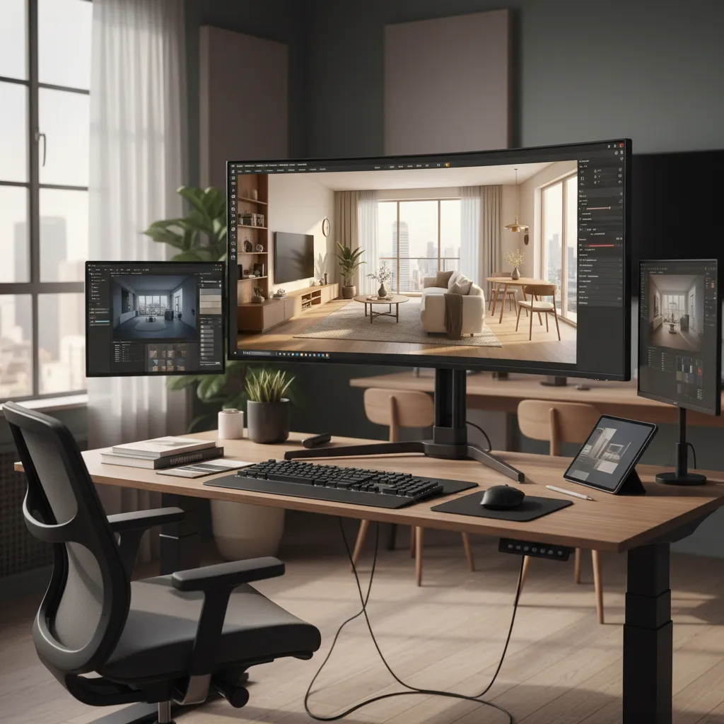 Visualización 3D de diseño interior en pantalla de ordenador
