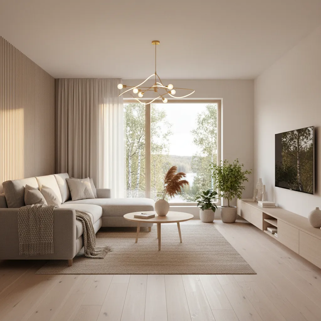 Render 3D de un salón moderno con sofá, iluminación y decoración