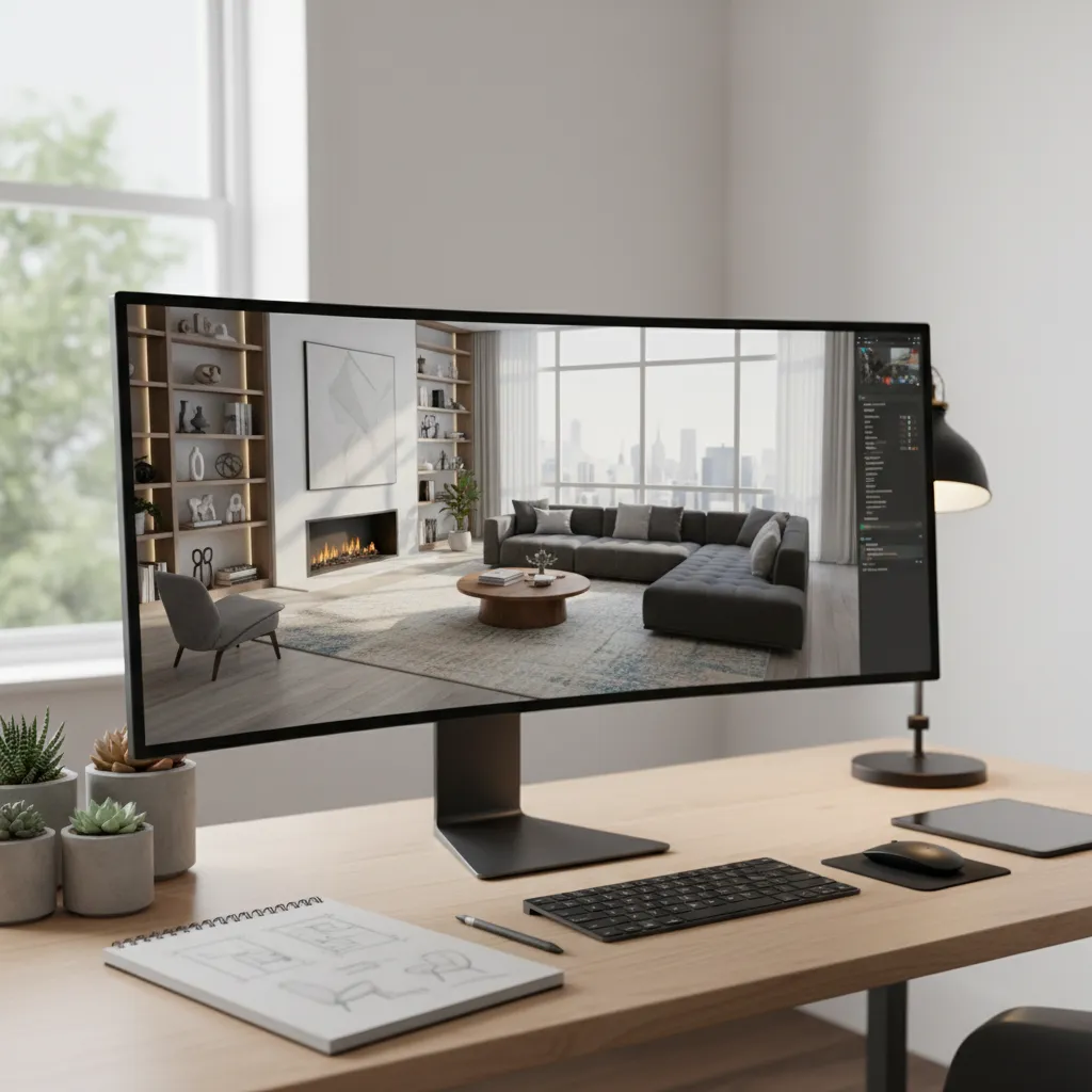 Pantalla mostrando render 3D de un diseño de sala moderna