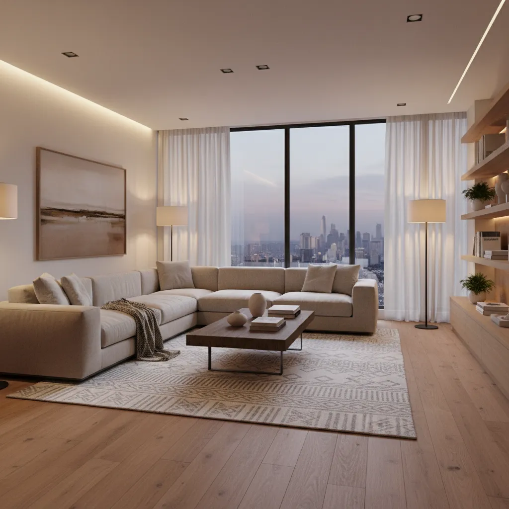 Modelo 3D realista de un salón moderno utilizado para presentar diseño interior