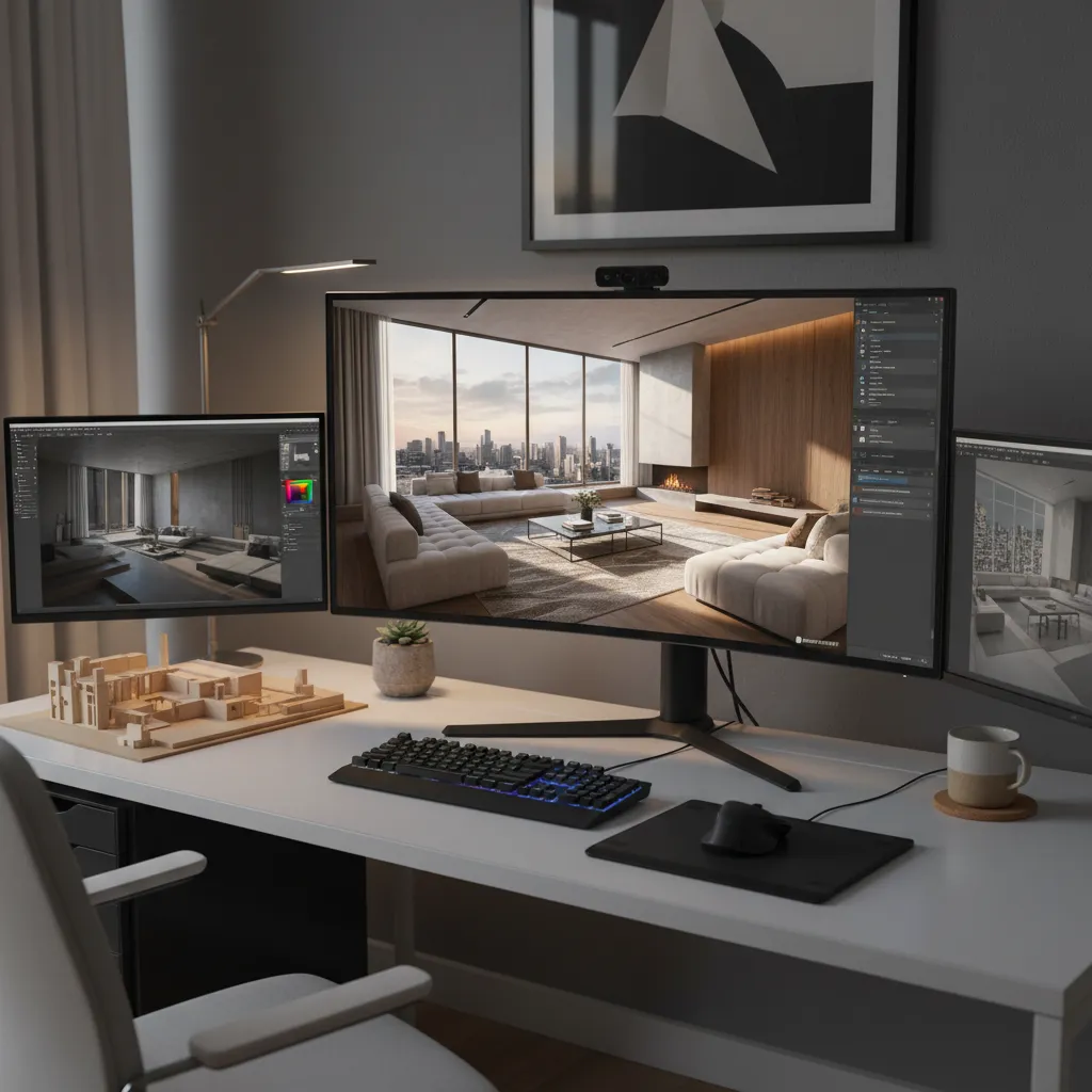 Pantalla con visualización 3D de un proyecto de interiorismo
