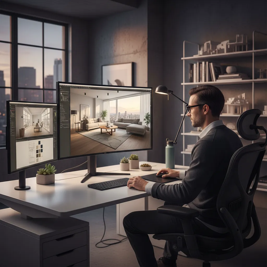 Pantalla mostrando un diseño interior en 3D de un apartamento moderno