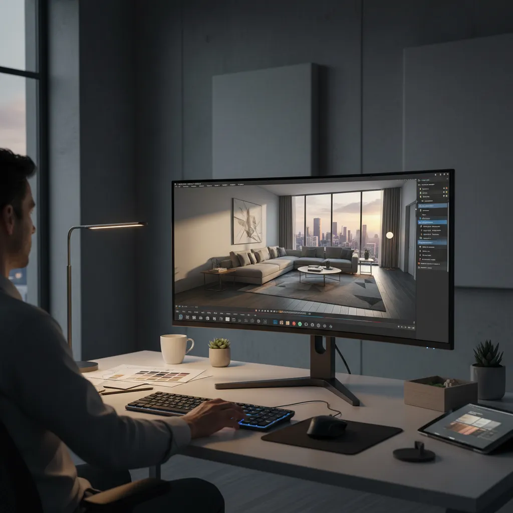 Pantalla mostrando render 3D de un salón moderno durante el proceso de diseño
