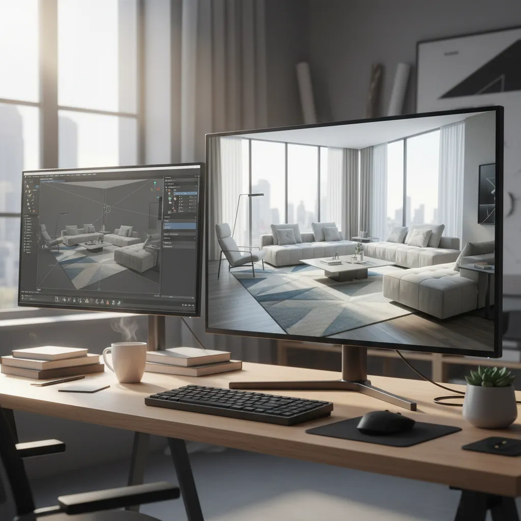 Pantalla mostrando visualización 3D de un proyecto de interiorismo