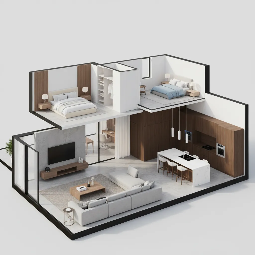 Visualización 3D de distribución interior de una casa moderna