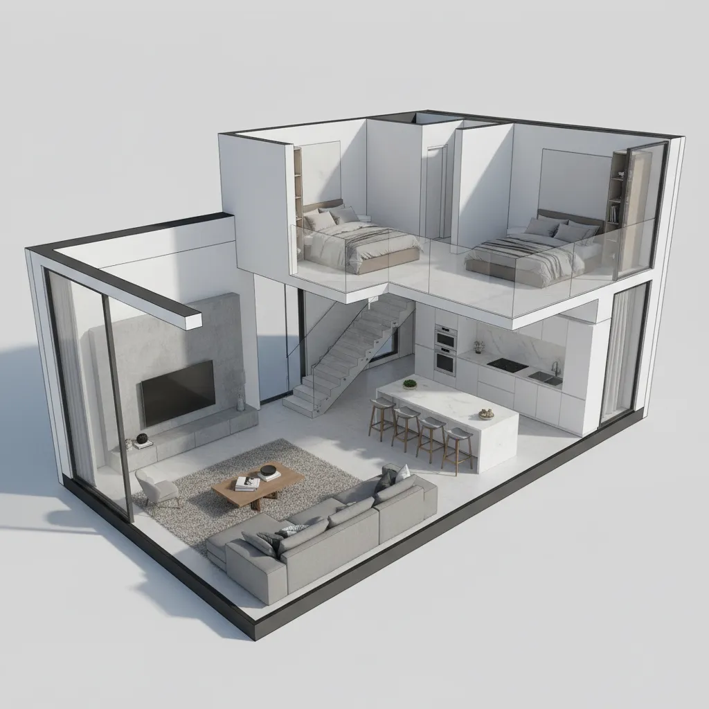 Vista 3D de distribución interior de una casa moderna