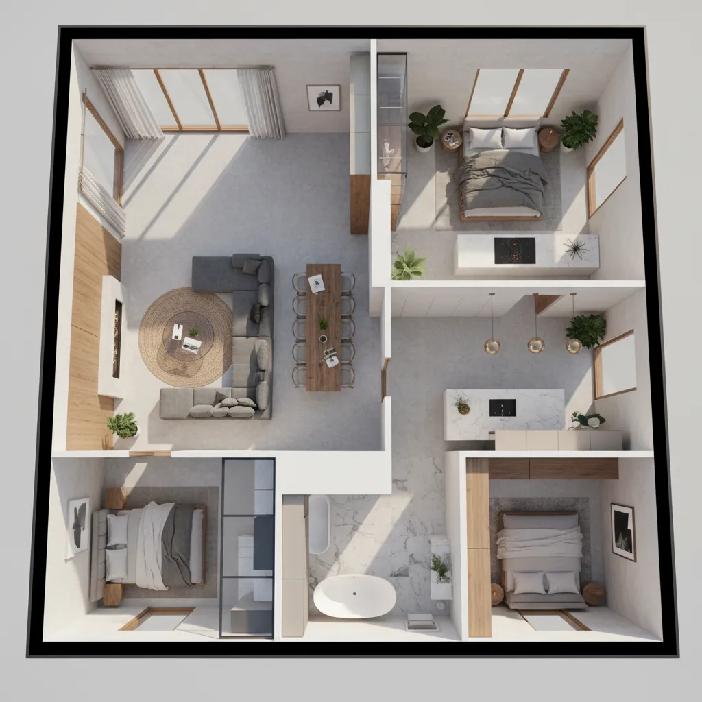Visualización 3D de la distribución interior de una casa moderna