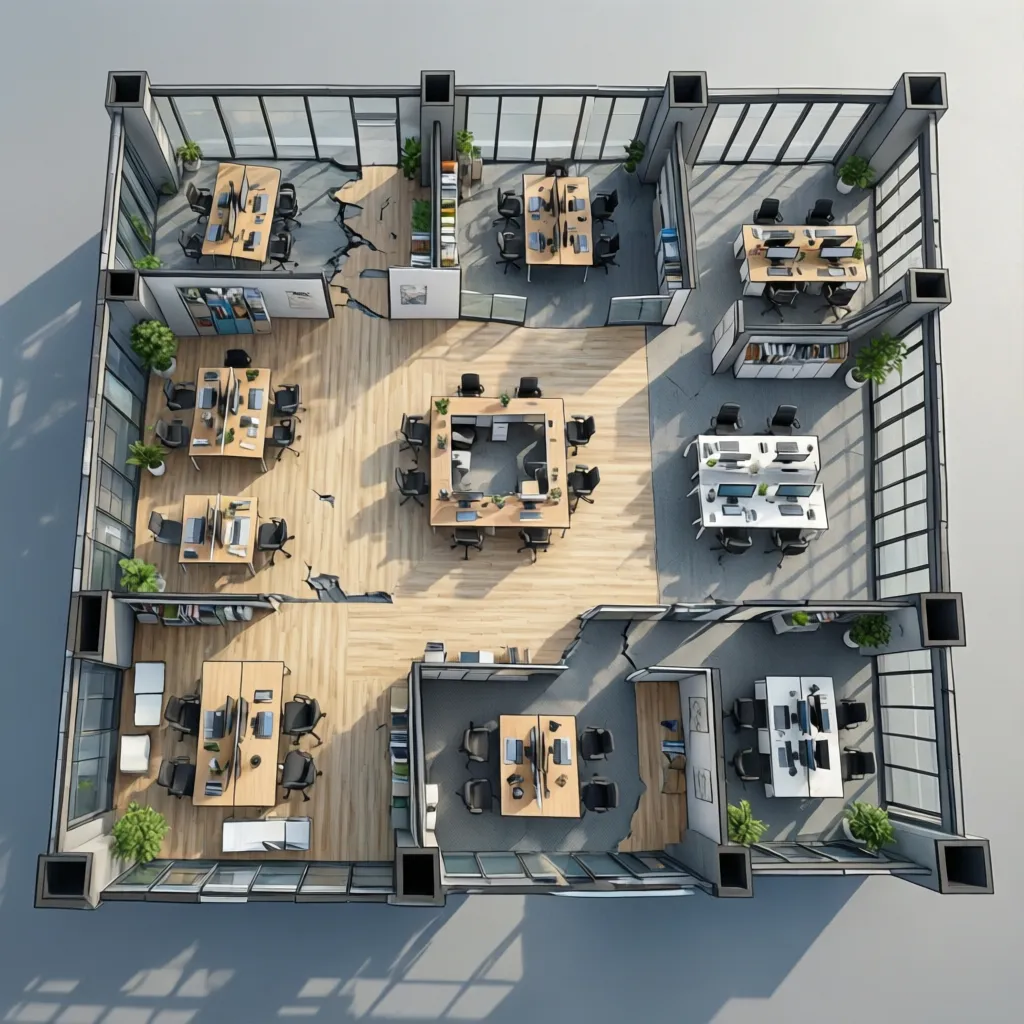 Interior design drawing showing a 3D office room layout with several desks, chairs, and computers