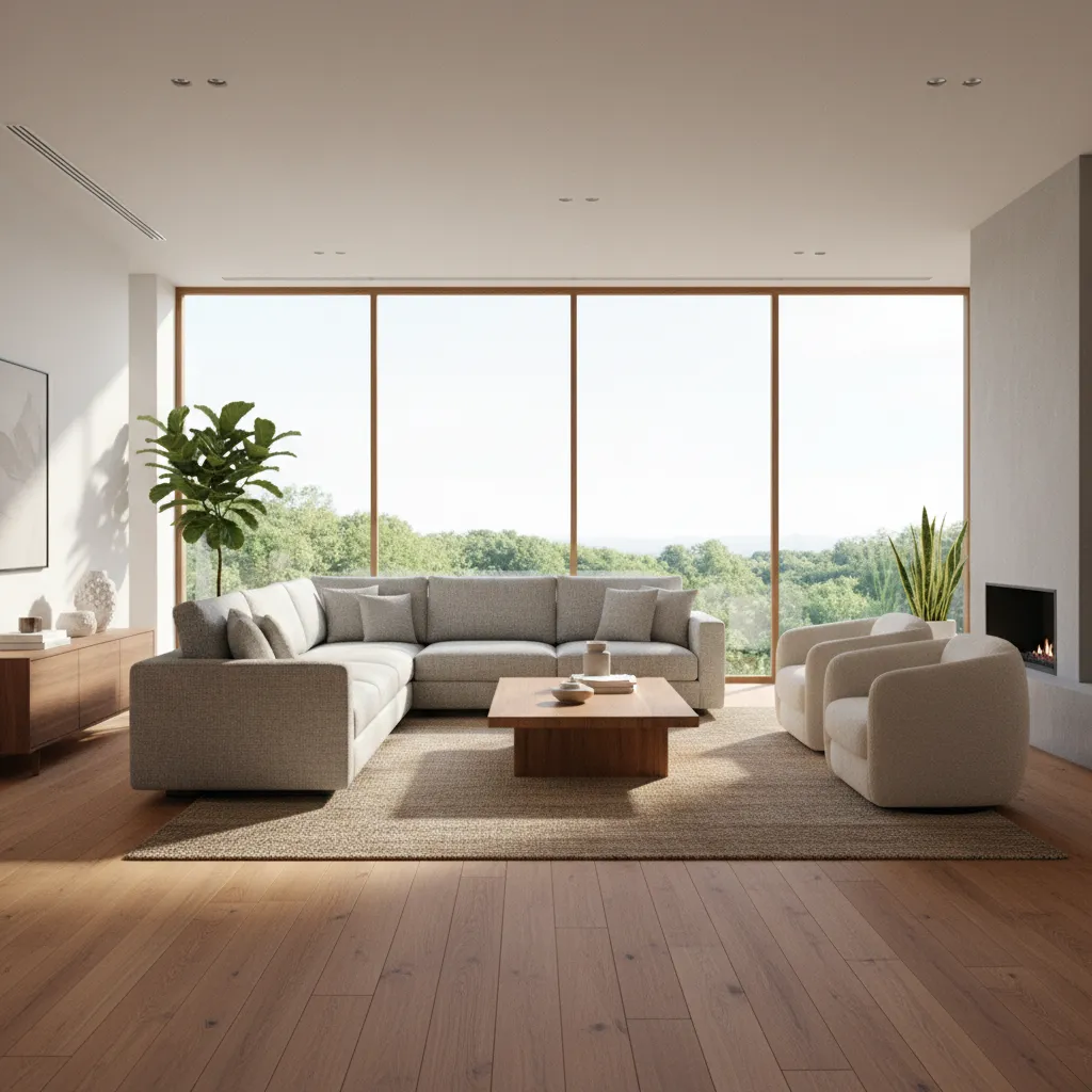 Render 3D de un salón moderno mostrando distribución de muebles