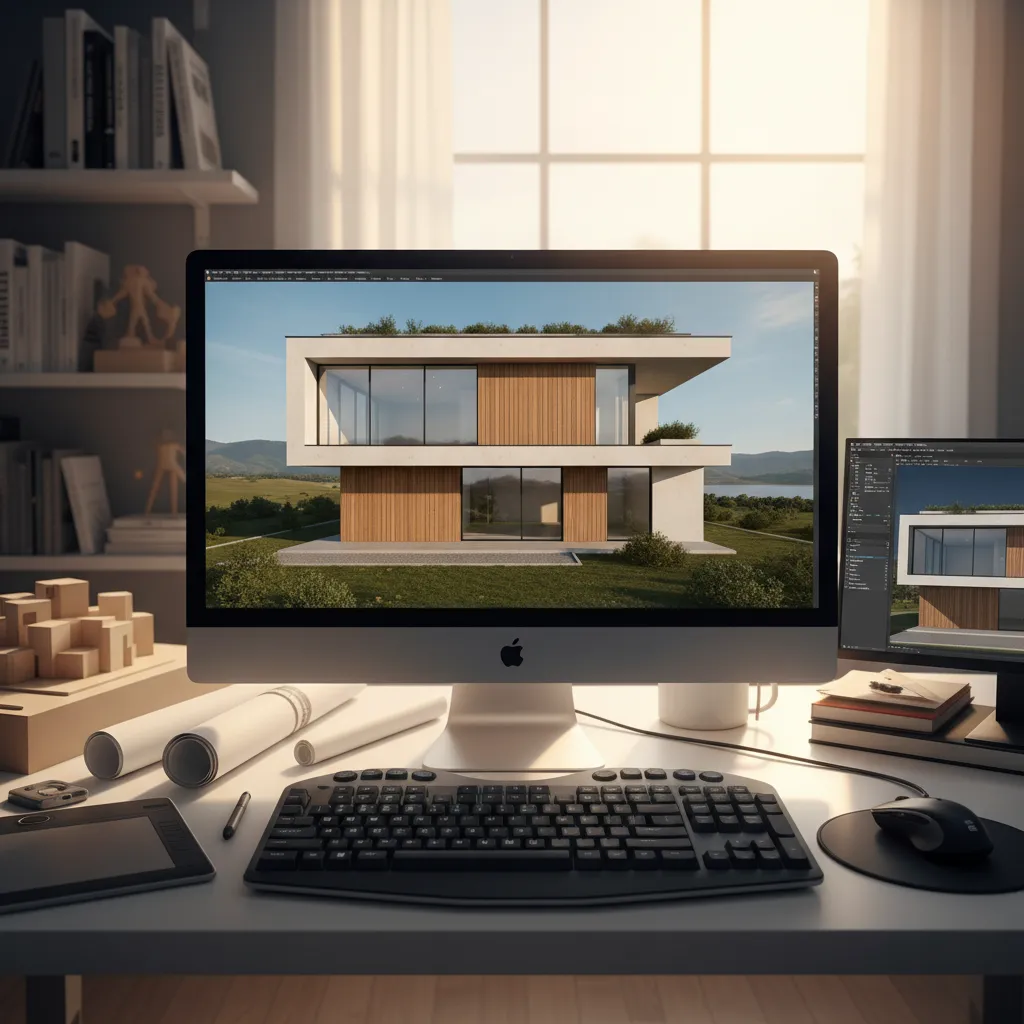 Modelo 3D de una casa mostrando diseño de fachada