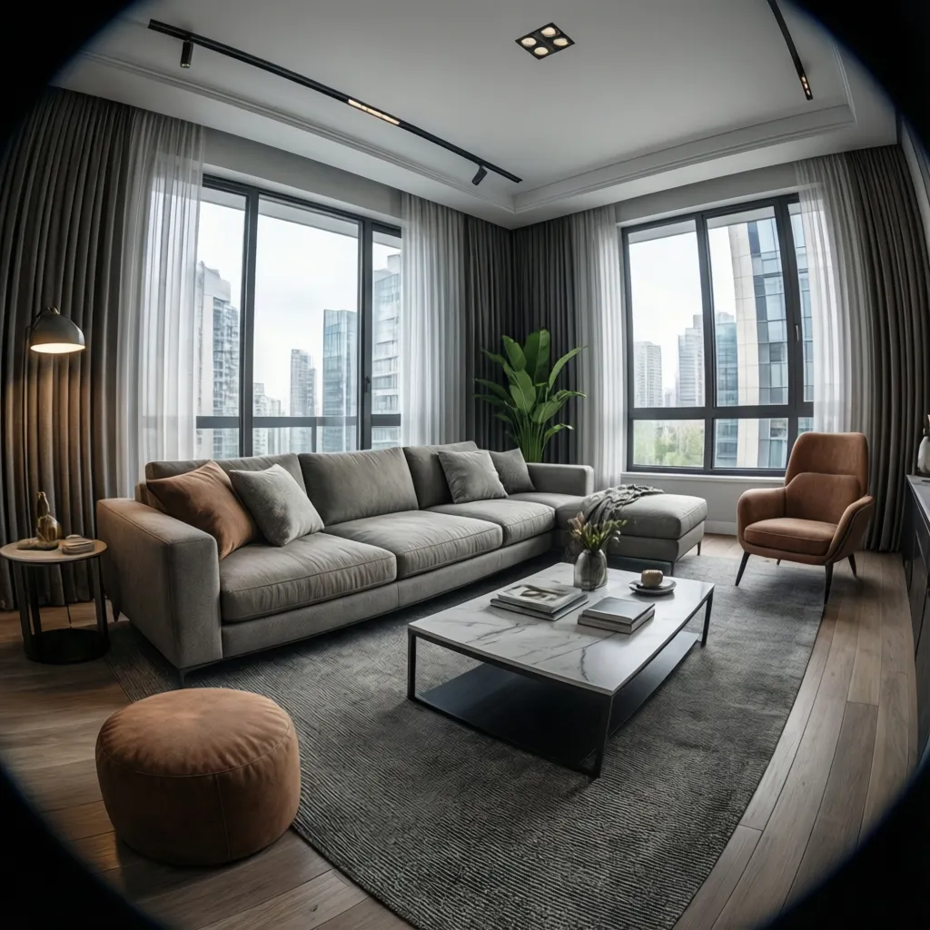 Visualización 3D de una sala de estar generada en una aplicación de diseño de interiores