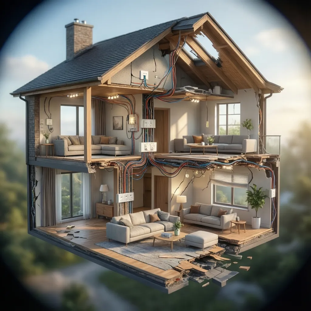 Visualización 3D de una casa mostrando puntos de electricidad e iluminación