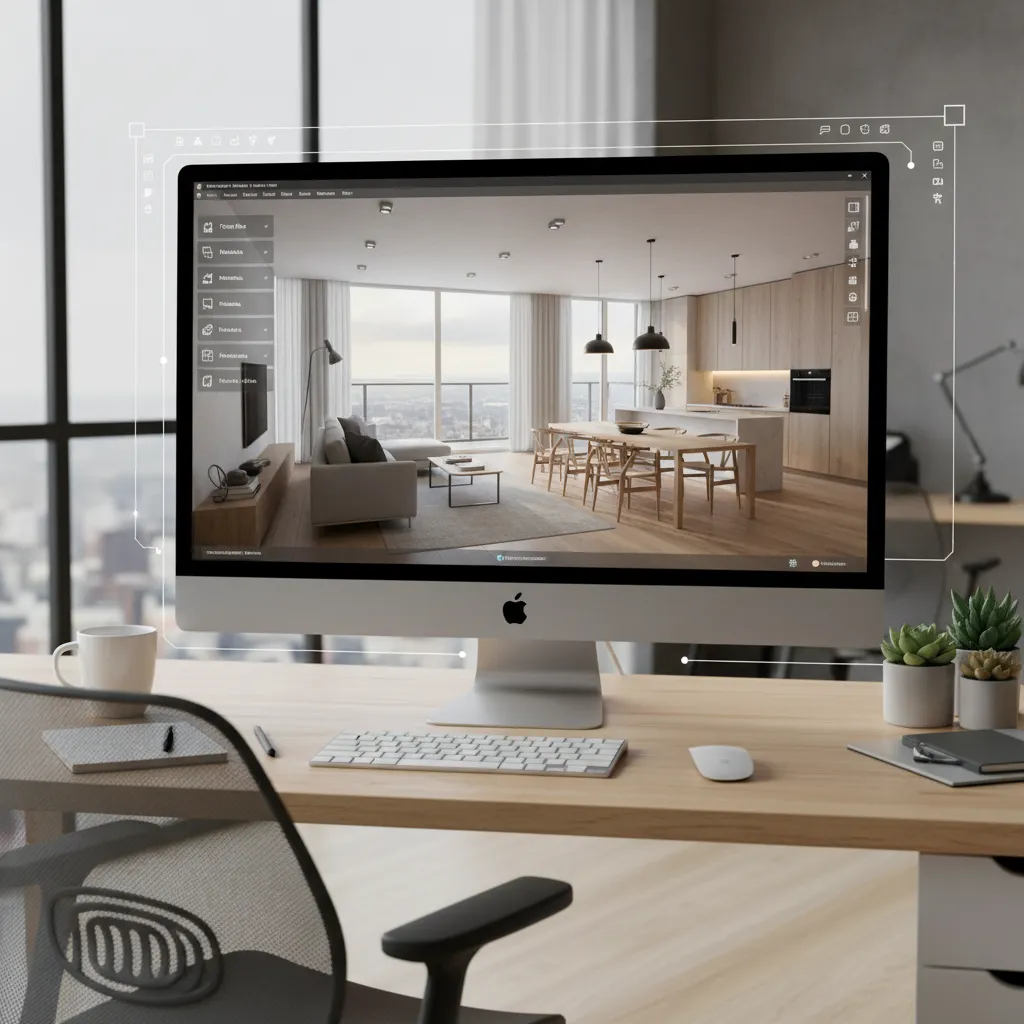 Computer screen displaying an interior design drawing of a modern living room and kitchen area