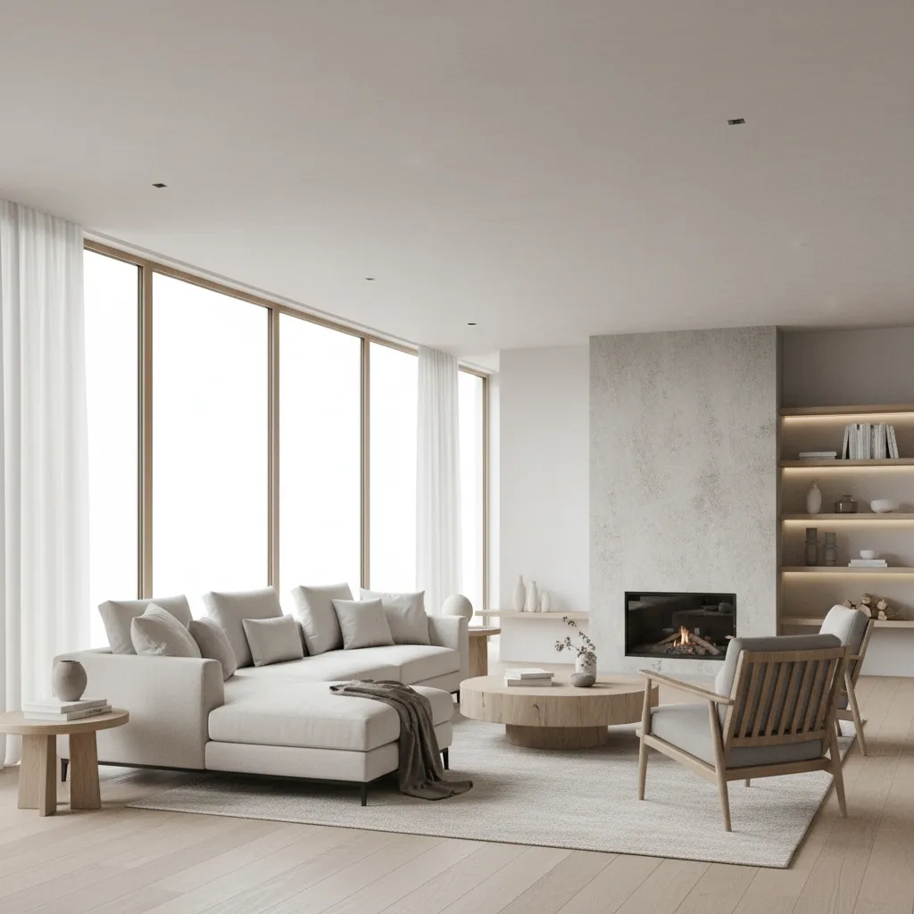 Render 3D de un salón moderno generado con software de diseño interior