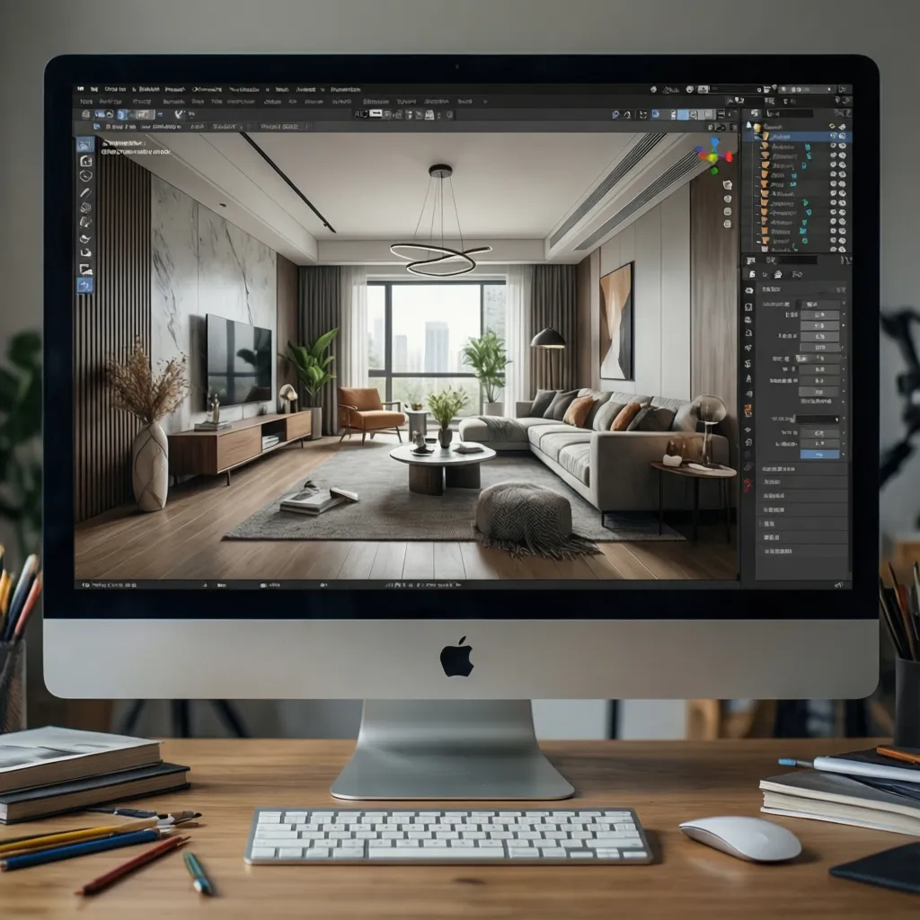 modelo 3D de salón moderno en pantalla de ordenador