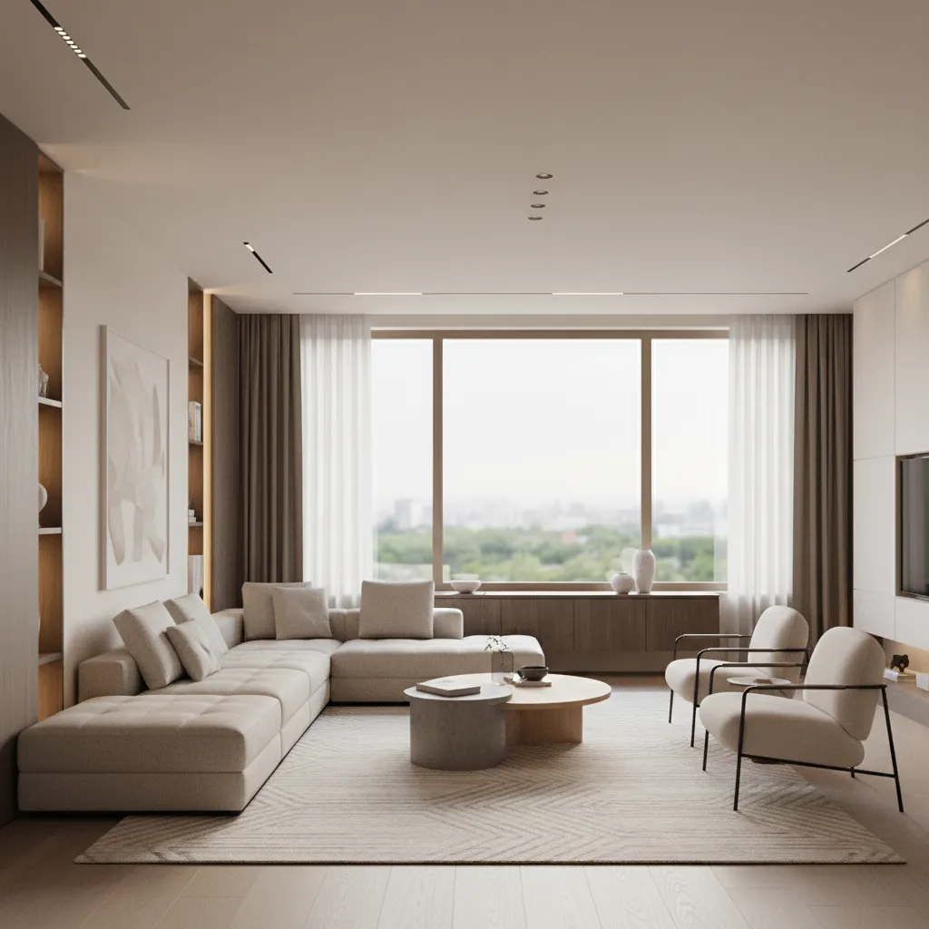 Render 3D realista de un salón moderno antes de su decoración final