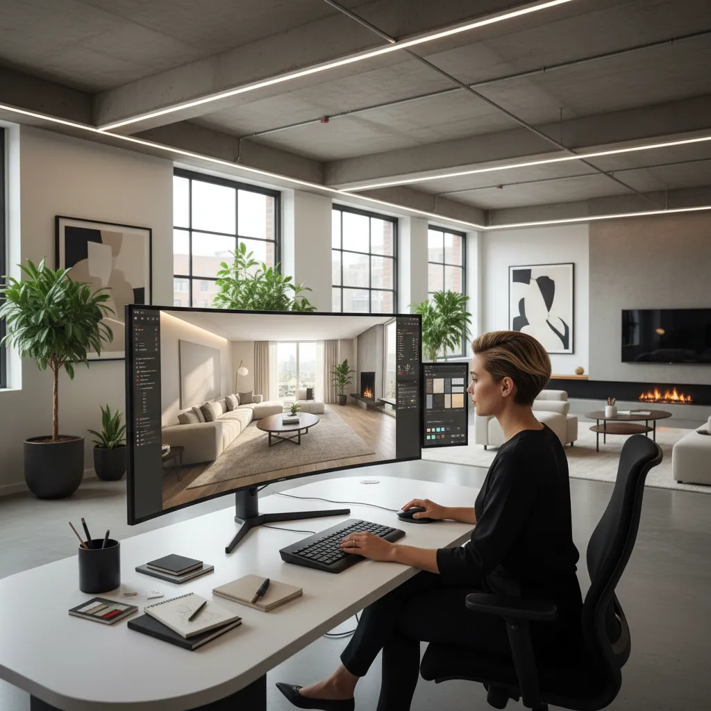 Pantalla mostrando render 3D de un diseño interior moderno