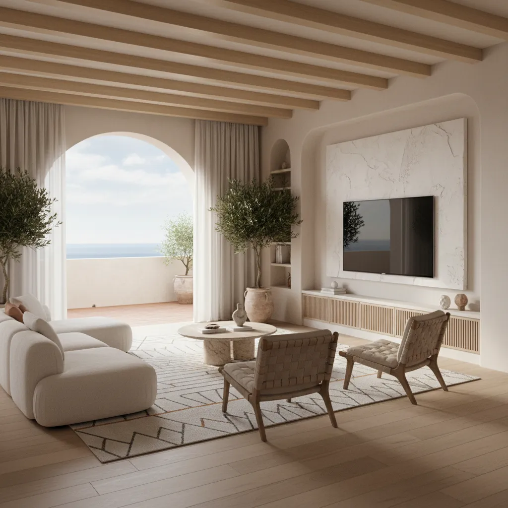 Render 3D realista de un salón moderno antes de realizar la reforma