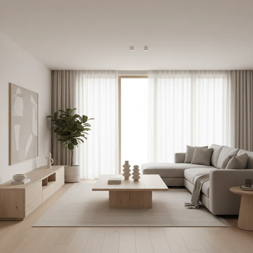 Render 3D realista de un salón moderno antes de su decoración real