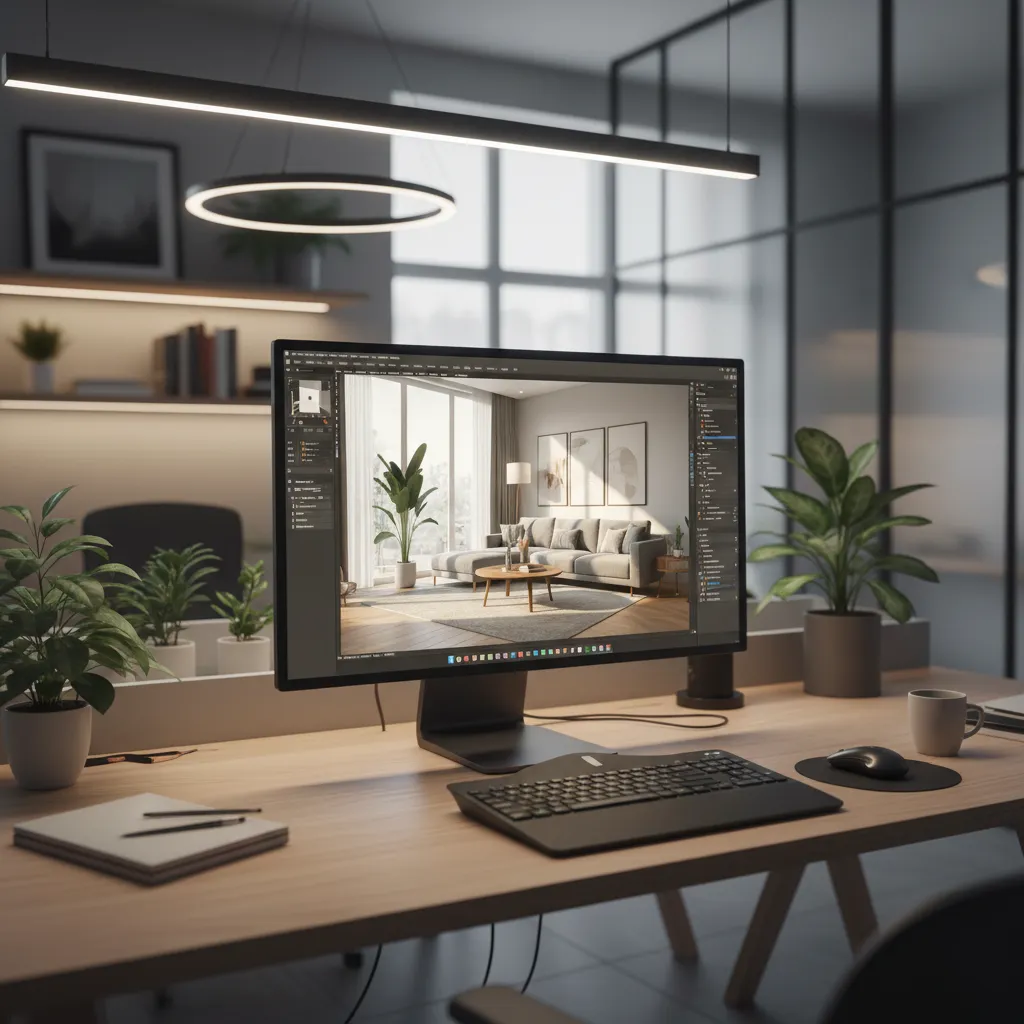 Pantalla mostrando visualización 3D de un diseño interior