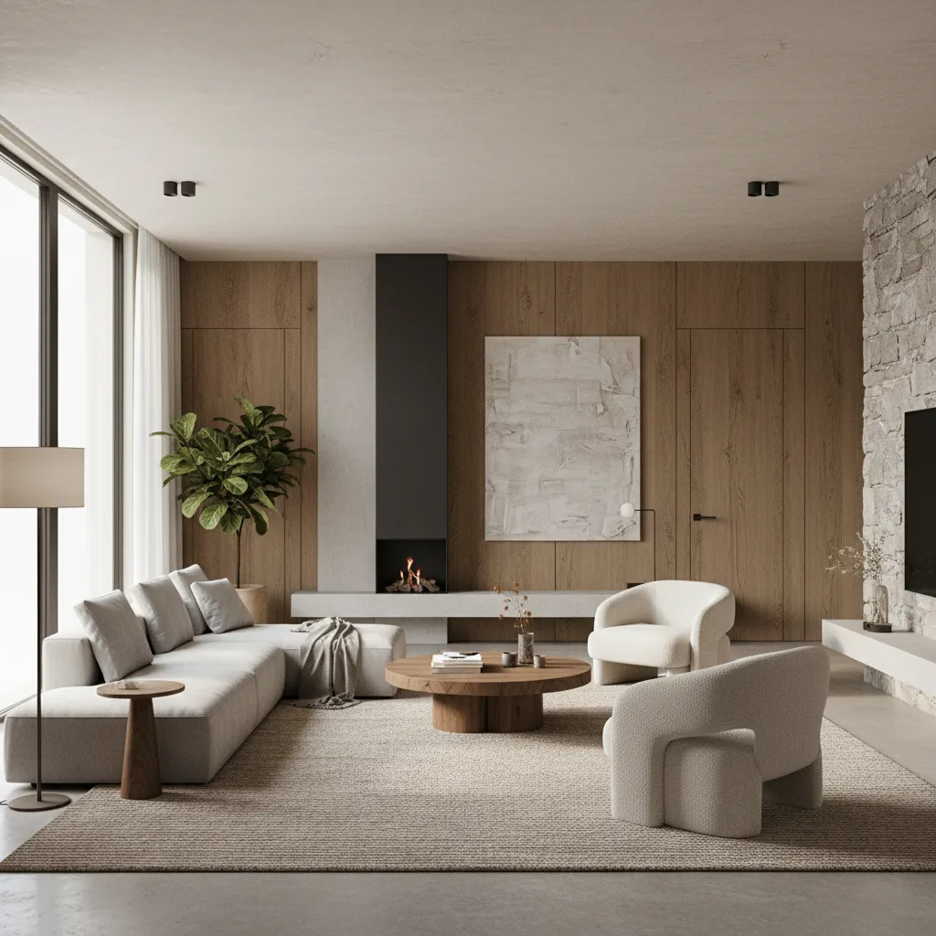 Render 3D de salón moderno utilizado para presentar un proyecto de interiorismo