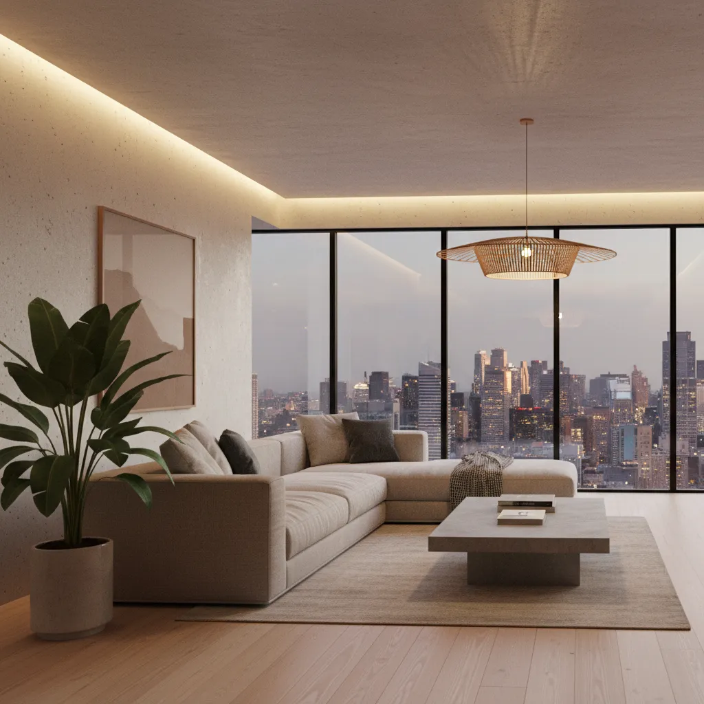 Render 3D realista de un salón moderno con iluminación natural