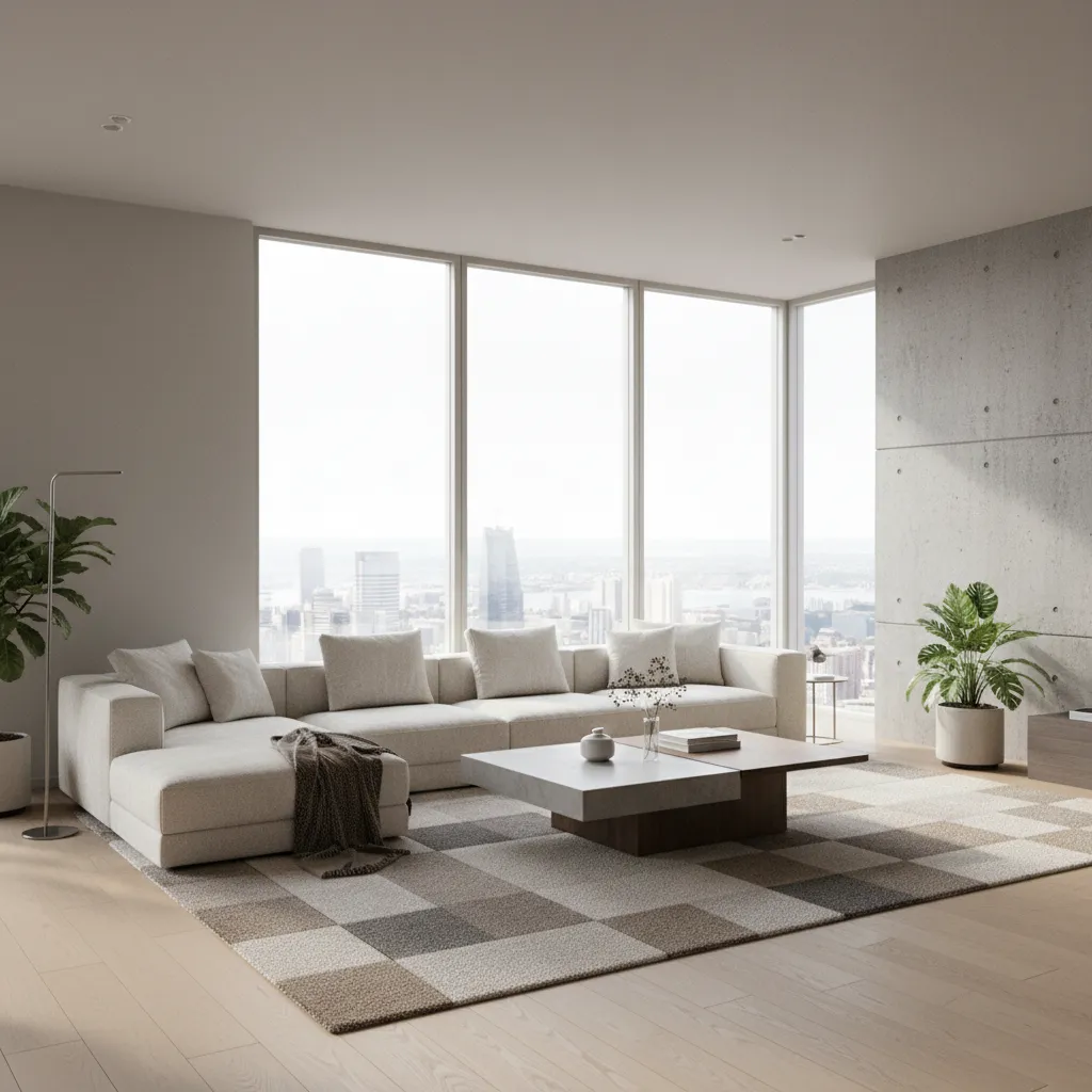 Modern living room with white sofa, checkered rug, coffee table, and windows showing city view
