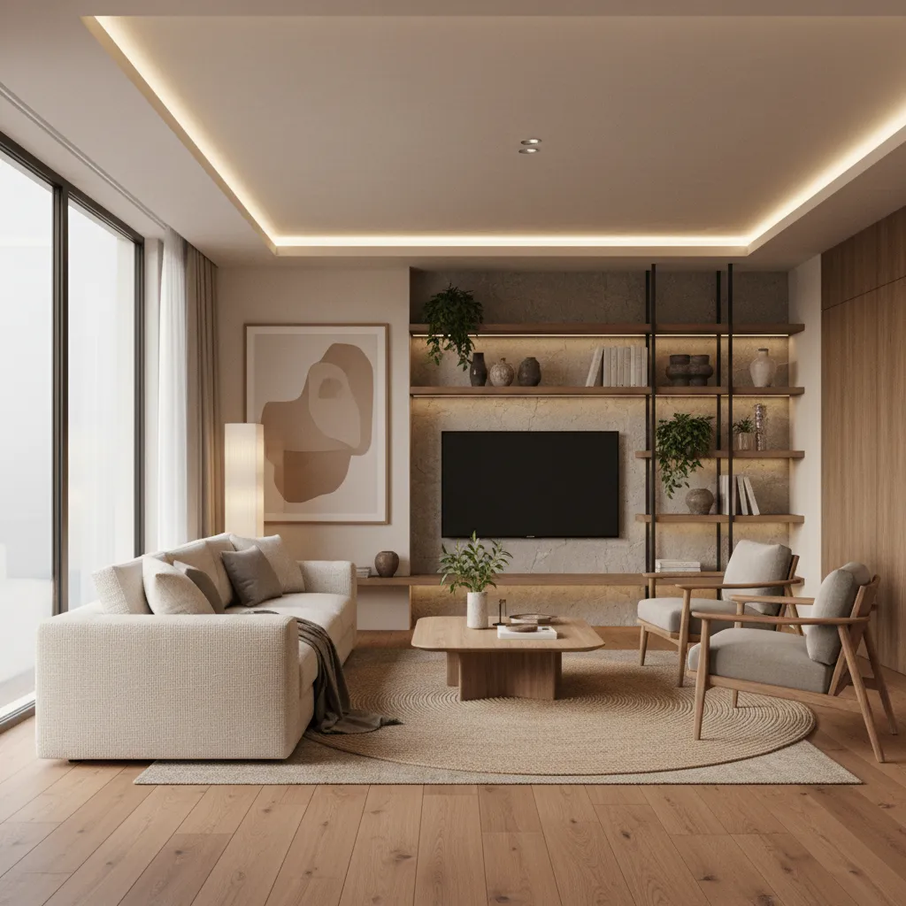 Modern living room interior design drawing featuring a cream sofa wooden floor and wall shelves
