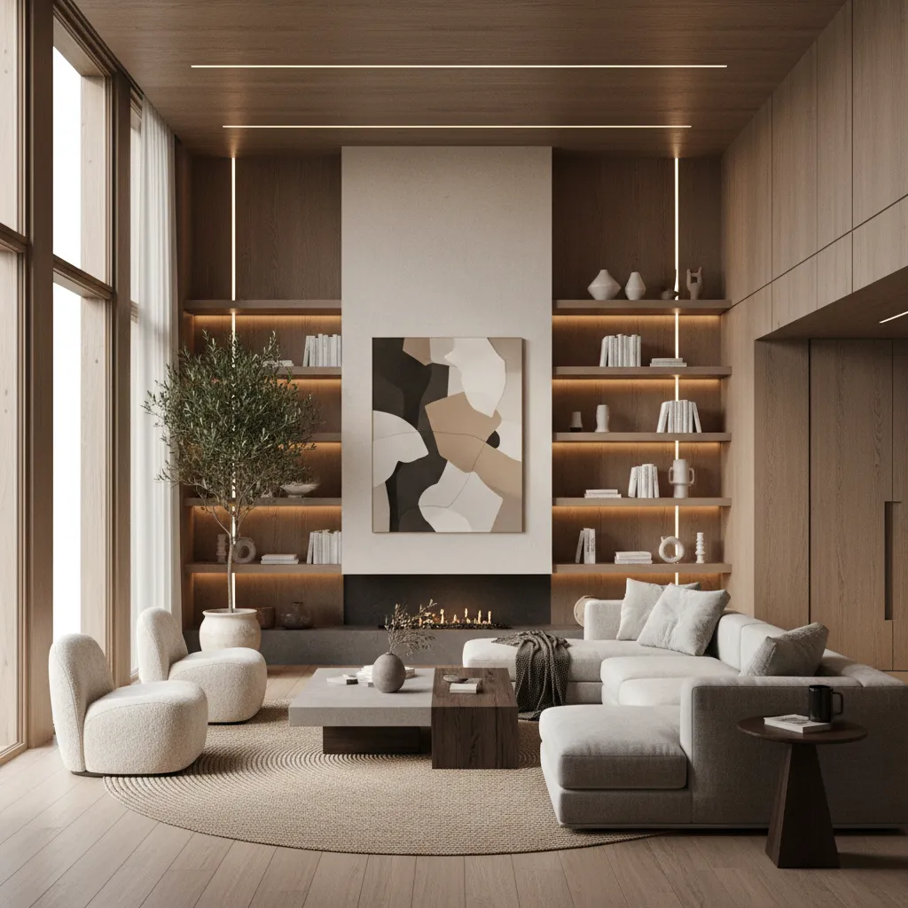 Render 3D realista de una sala moderna