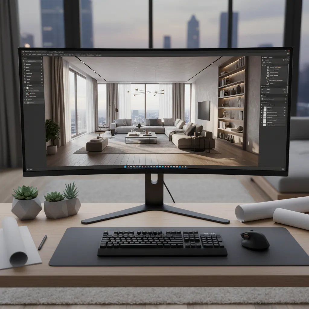 Pantalla mostrando render 3D de un apartamento moderno