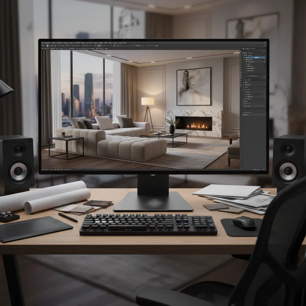 Render 3D realista de una sala moderna en pantalla de ordenador