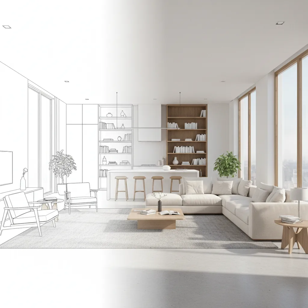Comparación entre plano y visualización 3D de un espacio interior