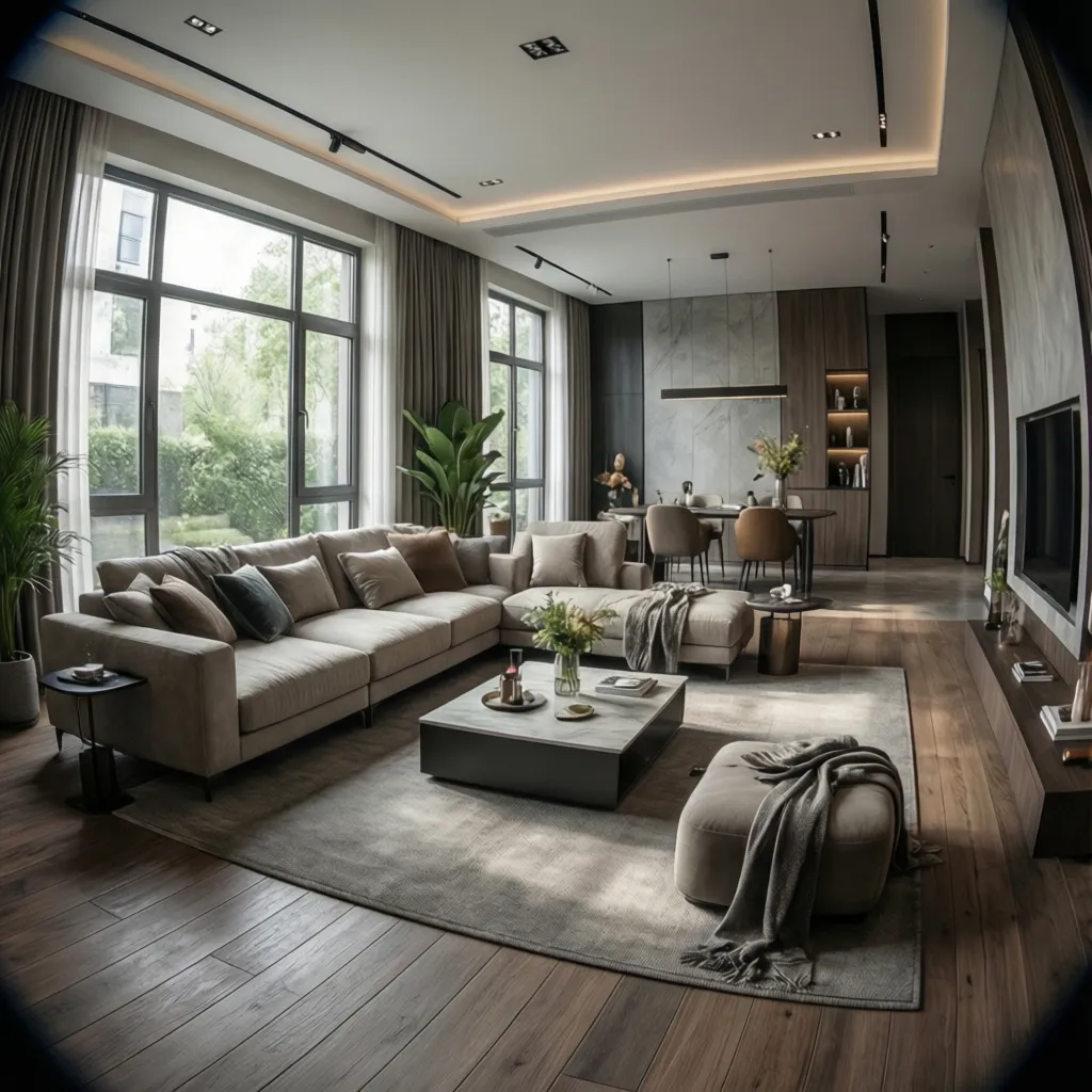 Modern living room featuring grey sofa marble coffee table wood floor footrest and large windows